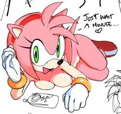 1girls amy_rose breasts casual eulipotyphlan exposed_torso female female_only footwear gloves green_eyes handwear headband looking_at_viewer lying nipples nude open_mouth shoes smile solo sonic_(series) sonic_the_hedgehog_(series) watatanza wristwear