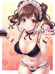 1girls 2022 bangs bikini black_bikini breasts brown_eyes brown_hair cameltoe collarbone covered_nipples detached_collar double_bun earrings female female female_focus female_only food grin heart heart_earrings highres idolmaster idolmaster_shiny_colors jewelry large_breasts looking_at_viewer maid maid_bikini nail_polish navel orange_nails smile solo solo_female sonoda_chiyoko sweets swimsuit teeth twintails twintails_day urabi_(tomatohouse)