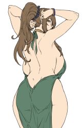 ass back back_view backboob backless backless_dress backless_outfit bead_bracelet beads bracelet breasts brown_hair brown_haired_glasses_elf_(houtengeki) dress elf female from_behind glasses green_clothing green_dress green_eyes hair_ornament hair_scrunchie highres houtengeki huge_breasts jewelry long_hair looking_at_viewer looking_back mature_female milf necklace original parted_lips ponytail scrunchie sideboob simple_background solo white_background