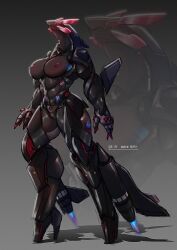 2022 agitype01 aircraft anthro biped black_body breasts claws female finger_claws genitals grey_body hi_res high_heeled_feet living_aircraft living_machine living_vehicle machine mecha multicolored_body nipples pussy red_body solo sr-71_blackbird vehicle