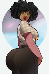 1girls ass ass_focus back_view big_butt black_hair caked_up cheesecake clothed dark-skinned_female dark_skin doctor_slone female fortnite glasses high_waisted_bottomwear high_waisted_pants looking_at_viewer looking_back pants postblue98 sideboob