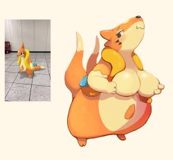 big_breasts black_nose blush breasts female floatzel furry hands_on_breasts holding_breast orange_body pasong pokémon_(species) pokemon pokemon_go snaggle_tooth solo standing tagme