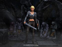 1girls 2019 4boys armor artist_website blonde_hair boots choker elayne_(hibbli3d) female front_view hibbli3d holding_object holding_shield holding_sword holding_weapon looking_at_viewer male medieval_armour medium_breasts monster multiple_boys original original_character pants plate_armor ponytail shield slushe_(website) standing sword