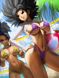 2girls ball beach beach_ball big_breasts bikini black_hair breasts caulifla clothing cloud dragon_ball dragon_ball_super elitenappa female female_only female_saiyan golden_bikini hand_on_hip hourglass_figure kale long_sleeves looking_away looking_down net nipples nipples_visible_through_clothing ocean saiyan shirt shounen_jump sky smile swimsuit thick_thighs tree universe_6 universe_6/universe_7 water