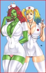 2d 2girls batman_(series) big_breasts blonde_hair chris_foulkes cleavage daikkenaurora dc dc_comics green-skinned_female green_skin harley_quinn inner_sideboob multiple_girls nurse_cap nurse_uniform pamela_isley poison_ivy red_hair thick_thighs thunder_thighs twintails