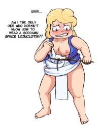 barefoot blonde_hair blush breasts breasts_out chubby cosplay embarrassed embarrassed_nude_female flustered loincloth nipples public_nudity sadie_miller sauceart slightly_chubby steven_universe stocky sweat vest wardrobe_malfunction