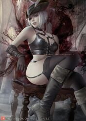 1girls bloodborne boots clothing female female_only fromsoftware hat lady_maria_of_the_astral_clocktower light-skinned_female olesyaspitz painting_(artwork) pale-skinned_female solo stockings tight_clothing white_hair