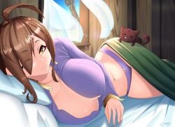 amber_eyes big_breasts big_thighs bottomless brown_hair castell chomusuke female hair_over_one_eye kono_subarashii_sekai_ni_shukufuku_wo! laying_on_bed laying_on_side looking_at_viewer panties purple_panties smiling_at_viewer thick_thighs unbuttoned_shirt under_covers underwear undressed wiz_(konosuba)