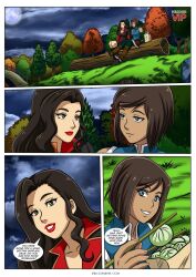 2girls asami_sato avatar_legends black_hair brown_hair canon_couple clothing comic dark-skinned_female english_dialogue english_text female female_only human interracial korra large_breasts lesbian light-skinned_female multiple_girls palcomix speech_bubble straight_hair text the_avatar the_legend_of_korra water_tribe yuri