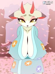 animal_crossing arms_behind_back breasts deer female fibs fur horns huge_breasts kimono nintendo nipple_bulge shino_(animal_crossing) video_games