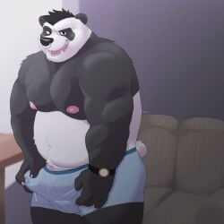 4_fingers anthro bedroom_eyes bin_(artist) black_body black_fur black_hair bodily_fluids boxers_only bulge clock clothed clothing erection erection_under_clothing facial_piercing fingers fur furniture genital_fluids genital_outline genitals giant_panda hair hand_on_penis looking_at_viewer male mammal moobs musclegut narrowed_eyes navel nipples nose_piercing nose_ring open_mouth open_smile penis penis_outline piercing precum precum_through_clothing seductive shirtless slightly_chubby smile sofa solo solo_male ursid watch wet wet_clothing white_body white_fur