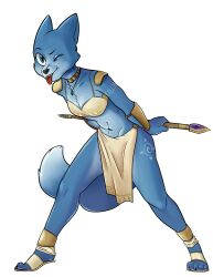 anthro blue_body blue_eyes blue_fur clothed dinosaur_planet felid feline female female_only fur furry furry_only krystal_(dinosaur_planet) loincloth mammal necklace nintendo rareware solo staff stormthedragon tail tongue tongue_out white_body white_fur wink