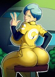 1girls ass big_ass big_breasts blue_hair breasts bubble_ass bubble_butt bulma_briefs dragon_ball dragon_ball_super dragon_ball_super_super_hero huge_ass huge_breasts looking_back sitting_down stool_position sweating vertacularrld