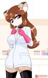 <3_eyes 2022 alfa995 animated anthro big_breasts blep breasts brown_eyes brown_hair clothing coat dear deer_girl dialogue doe_(alfa995) english_text female fur furry furry_only gloves hair handwear heart lab lab_coat labcoat legwear looking_at_viewer navel one_eye_closed patreon pussy science scientist short_playtime solo talking_to_viewer text tongue tongue_out wink