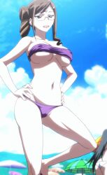 animated beach bikini breasts brown_eyes brown_hair character_request cleavage covered_erect_nipples female fight_ippatsu!_juuden-chan!! glasses highres large_breasts long_hair navel sandals stitched swimsuit tagme third-party_edit