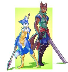 anthro blue_body blue_eyes blue_fur boots brown_body brown_fur canid canine cleavage clothed clothing dinosaur_planet duo felid feline fur furry furry_only krystal_(dinosaur_planet) luigiix nintendo rareware sabre_(dinosaur_planet) staff sword white_body white_fur