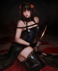 1girls ass assassin big_breasts cleavage dress female female_only fingerless_gloves knife latex milf painting_(artwork) raviolliess red_eyes spy_x_family stiletto_(weapon) thick_thighs thorn_princess tight_clothing yor_briar