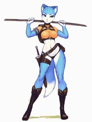 anthro blue_body blue_fur boots clothed clothing dinosaur_planet dipstick_tail felid feline female female_only fur furry furry_only krystal_(dinosaur_planet) luigiix mammal nintendo rareware scabbard skimpy solo staff sword tail white_body white_fur