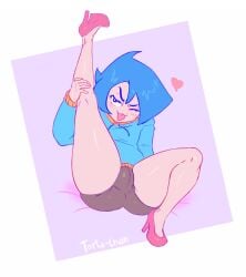 1boy :3 abstract_background blue_hair bulge bulge_visible_through_clothes chilean clothing derker_bluer femboy femboy_solo heart on_back one_eye_open pink_heels smooth_skin solo solo_male thick_thighs tongue tongue_out youtube youtube_hispanic