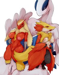 anthro avian blaziken breasts canid canine cottontail delphox female fur genitals hair hi_res inner_ear_fluff legendary_pokémon lugia mammal nintendo nipples nude pokemon pokemon_(species) pussy smile tuft video_games yellow_body