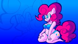 anthro bbpanzu belly belly_button blue_background blue_eyes bra cutie_mark eyes female_only fnf fnf_mods friday_night_funkin friday_night_funkin_mod friendship_is_magic furry hair hasbro horse my_little_pony panties pink_hair pinkie_pie pinkie_pie_(mlp) simple_background simple_shading solo straight_hair underwear