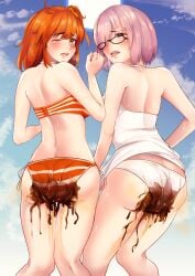 2girls back_view fate/grand_order fate_(series) fujimaru_ritsuka_(female) glasses mash_kyrielight messing multiple_girls orange_eyes orange_hair panty_poop peeing peeing_self pink_hair poop_bulge red_eyes scat shumiao soiling striped_panties tongue_out wetting wetting_self white_panties yuri