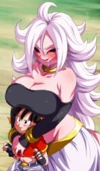 2girls android_21 baggy_pants bandana big_breasts big_hair black_hair black_nails black_sclera blush breast_press breasts_on_head cleavage dragon_ball dragon_ball_fighterz dragon_ball_gt dragon_ball_z drooling earrings evil evil_eyes female_only fingerless_gloves hair height_difference hugging_from_behind hungry larger_female long_hair majin_android_21 mature_female midriff monster_girl multiple_girls pan_(dragon_ball) pink-skinned_female pink_body pink_skin red_eyes ring rom saliva shounen_jump size_difference smaller_female standing steaming_body tail voluptuous white_hair wide_hips yuri