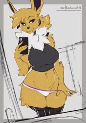 anthro anthro_only belly_button big_breasts big_thighs breasts chest_tuft crop_top eeveelution elbow_tufts faizenek female fur furry furry_only jolteon looking_at_phone mirror_selfie pants_down phone pokémon_(species) pokemon ponytail pulling_panties purple_sclera raised_eyebrows selfie sharp_nails tagme the_dogsmith thick_thighs track_pants wide_hips