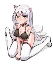 1girls animal_ears arm_under_breasts beachwear bell bell_choker bell_collar bikini black_bikini black_choker black_collar cat_ears cat_girl catgirl choker clothed_breasts collar ear_fur ear_tuft ear_tufts fair-skinned_female fair_skin female huntervr indie_virtual_youtuber looking_annoyed looking_at_viewer on_knees partially_clothed questionable rayyapen ryutka ryutka_(huntervr) shadow thigh_highs virtual_youtuber white_background white_hair white_skin