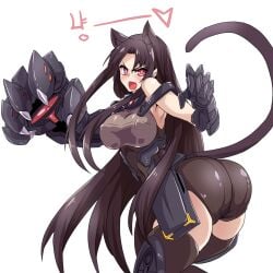 absurdres animal_ears ass black_hair blush breasts cat_ears cat_tail claw_pose covered_nipples executioner_(girls'_frontline) female gauntlets girls'_frontline h_earth highres kemonomimi_mode large_breasts long_hair mechanical_arms open_mouth red_eyes single_mechanical_arm skindentation slit_pupils smile tail thighhighs very_long_hair