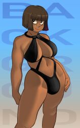 1futa bangs big_breasts bikini breasts bretta_(capydiem) brown_hair bulge capy_diem clothed clothing dark-skinned_futanari dark_skin flaccid futa_only futanari huge_cock human mostly_nude original original_character short_hair solo text uncensored