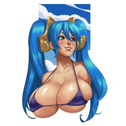 1girls big_breasts bikini blue_hair cleavage female female_only league_of_legends light-skinned_female overflowing_breasts portrait sideboob solo sona_buvelle sparky.girlsart underboob