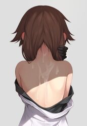 back bare_shoulders black_gloves brown_hair clothes_pull cum cum_on_back eiyuu_densetsu facing_away female from_behind gloves hair_tucking hakuleg nape sen_no_kiseki sweat towa_herschel