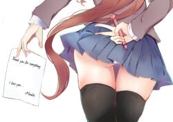 5_fingers blue_skirt chromatic_aberration doki_doki_literature_club english_text female female_only heart_pen long_hair long_hair_female miniskirt monika_(doki_doki_literature_club) panties pantyshot pantyshot_(standing) paper peace_sign pen skirt skirt_lift text thighhighs thighs upskirt v_sign white_panties wholesome xhunzei zettai_ryouiki