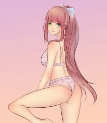 1girls ass bow bra breasts doki_doki_literature_club dzyxchan female female_only gradient_background green_eyes hairbow long_hair long_hair_female monika_(doki_doki_literature_club) panties simple_background solo underwear white_bow white_hair_bow