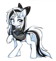 anus black_clothing black_hair blue_eyes bow_tie clothing equid equine fan_character female feral friendship_is_magic genitals hair hasbro heart hi_res horn horse mammal multicolored_hair my_little_pony pony presenting pussy solo two_tone_hair unicorn white_background white_body white_hair wkirin2