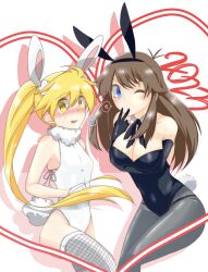 2023 blonde_hair blue_eyes brown_hair bunny_ears bunny_girl bunnysuit female green_(pokemon) heart large_breasts pokemon pokemon_(manga) pokemon_adventures ponytail small_breasts v_sign yellow_(pokemon) yellow_eyes