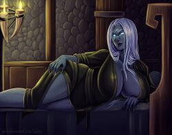 1girls bed big_breasts blue_skin breasts busty female female_focus female_only fully_clothed glowing_eyes hourglass_figure huge_breasts large_breasts long_hair pinup pinup_pose scar solo thyra tiddybandito tracytigress warcraft white_hair wide_hips world_of_warcraft