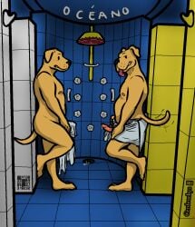 anthro bathroom blue_background blush blush_lines bodily_fluids canary_islands canid canine canis cerdeorhys covering domestic_dog drop duo embarrassed exhibitionism flag genital_fluids genitals hi_res looking_at_viewer male male/male mammal nipples nude penis precum presenting presenting_penis public_restroom simple_background spain spanish_text text tongue tongue_out towel towel_around_waist towel_only towel_wrap water waving_tail white_background yellow_background