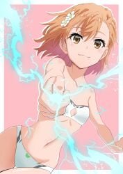 1girls 2020 :3 bare_shoulders bare_thighs bikini blush breasts brown_eyes brown_hair brunette coin collarbone electricity gekota gekota_swimsuit ginmaru hair_flower hair_ornament hips human looking_at_viewer midriff misaka_mikoto navel short_hair simple_background small_breasts smile solo solo_female swimsuit teenage_girl teenager thighs to_aru_kagaku_no_railgun to_aru_majutsu_no_index wide_hips young