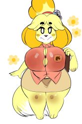 animal_crossing anthro big_breasts blonde_hair breasts button_gap buttons canid canine canis clothed clothing female female_only fur furry furry_only hourglass_figure huge_breasts isabelle_(animal_crossing) isolatedartest nintendo shortstack solo standing tagme tail thick_thighs wide_hips yellow_fur
