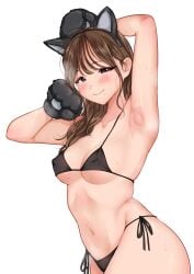 absurdres animal_ears animal_hands armpits arms_up bangs bikini black_bikini black_eyes blush breasts brown_hair cat_ears cat_paws curvy eyebrows_visible_through_hair eyelashes feline female female hair_between_eyes highres looking_at_viewer navel original paws presenting_armpit sak1023 simple_background small_breasts smile stomach string_bikini sweat swimsuit white_background