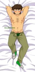 1boy abs armpit_hair artist_name beard_stubble blushing_at_viewer body_hair body_pillow breasts brown_hair bulge_through_clothing edd_(eddsworld) eddsworld eddsworld_future eli_johnson facial_hair future_edd_(eddsworld) human laying_on_bed looking_at_viewer male male_nipples male_only muscles muscular_male no_visible_genitalia noseless older_male open_pants pants scar_on_chest suggestive_gesture suggestive_look toony topless_male unbuttoned_pants