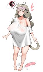 ahe_gao ahoge bangs barefoot behind_ear blush breasts chestnut_mouth cleavage collarbone covered_nipples dildo english_commentary eye_mask feet female full_body grey_hair grey_tail half-closed_eyes heart heart-shaped_pupils highres huge_breasts long_hair low-tied_long_hair mask mask_on_head messy_hair monkey_magic3 monkey_tail off_shoulder open_mouth original oversized_clothes oversized_shirt pen pussy_juice pussy_juice_puddle pussy_juice_trail red_eyes saru_(monkey_magic3) see-through see-through_shirt sex_toy shirt simple_background single_bare_shoulder single_inverted_nipple solo speech_bubble standing swirl symbol-shaped_pupils t-shirt tail thighs toes twintails white_background white_shirt