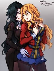 2022 2girls belt belt_buckle black_hair breasts buckle dated english_commentary female female_only ferdinand_von_aegir fire_emblem fire_emblem:_three_houses genderswap genderswap_(mtf) gloves grey_background groping hair_between_eyes hair_over_one_eye hubert_von_vestra long_hair long_sleeves looking_at_another looking_back medium_breasts minacream miniskirt multiple_girls nintendo open_mouth orange_eyes orange_hair pantyhose post-timeskip simple_background skirt smile teeth tongue very_long_hair yellow_eyes yuri