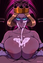 alternate_version_available areolae bare_shoulders big_breasts blonde_hair blue_eyes breasts crown cum cum_on_body cum_on_breasts cum_on_face cum_on_upper_body cumshot dark_lighting dark_room gloves glowing glowing_eyes hi_res highres light-skinned_female light_skin looking_at_viewer male_pov married married_woman mature mature_female milf mother nipples ousama_ranking paizuri pointy_nose pov pov_eye_contact pov_paizuri queen queen_hilling ranking_of_kings royal royalty serious_look shiny shiny_hair titjob wife xenion