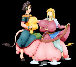 black_background black_hair blonde_hair breasts cowbell elek-tronikz female horns huge_breasts interspecies kina_(skyward_sword) long_blonde_hair long_hair milk multi_breast nintendo princess_zelda skyward_sword the_legend_of_zelda the_legend_of_zelda:_skyward_sword transformation udders zelda_(skyward_sword)