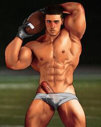 1boy damnarts erect_penis erection erection_under_clothing football gloves hard_on looking_at_viewer male male_only muscles muscular muscular_male penis_out posing twitter_user_oc unnamed_character