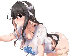 =3 alternate_costume ass black_hair blush breasts breath casual cleavage clothes_writing collarbone eyebrows_visible_through_hair female hairband highres huge_breasts indoors kantai_collection long_hair looking_to_the_side multicolored_hair naganami_(kantai_collection) no_bra open_mouth panty_pull pink_hair ribbon see-through shirt short_sleeves solo sweat t-shirt thick_thighs two-tone_hair wavy_hair wet white_hairband white_shirt yellow_eyes yoshi_tama