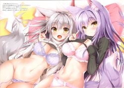 2girls absurdres animal_ear_fluff animal_ears black_sweater bra breasts cleavage clothes_lift female fox_ears fox_shadow_puppet fox_tail gluteal_fold hands_up haru_(tateha) highres large_breasts light_purple_hair long_hair long_sleeves looking_at_viewer multiple_girls no_pants oerba_yun_fang open_mouth original panties pillow pink_bra pink_panties purple_bra purple_panties ribbed_sweater scan shiori_(tateha) side-tie_panties silver_hair smile star_(symbol) sweater sweater_lift tail tateha_(marvelous_grace) thigh_gap turtleneck turtleneck_sweater underwear untied untied_panties very_long_hair yellow_eyes